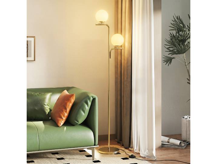 HOMCOM Lampadaire Double Tête Verre Doré Salon 3 Températures