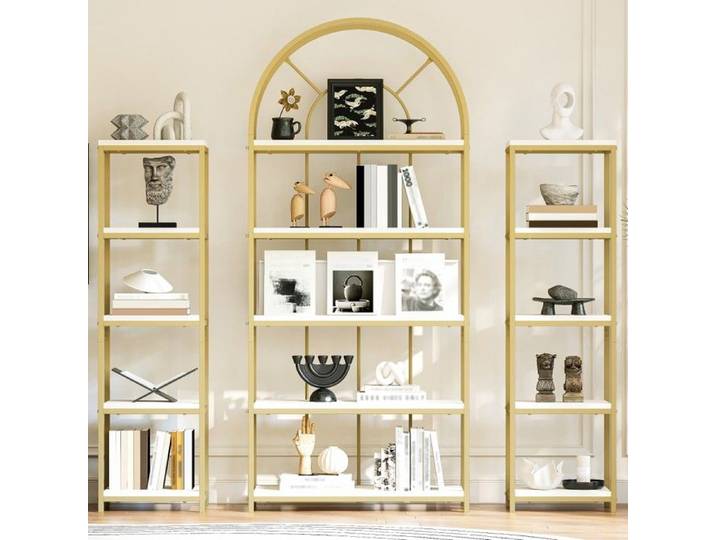 Étagère Modulaire 163x30x184cm Métal Doré & MDF Blanc Design Arqué pour Salon Cuisine Bureau