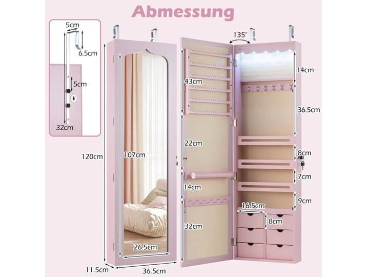 GIANTEX Armoire à Bijoux Mural avec Miroir et Lumière LED Accrochée à la Porte avec Serrure Miror Porte-Bijoux 120x36 5x11 5CM Ro