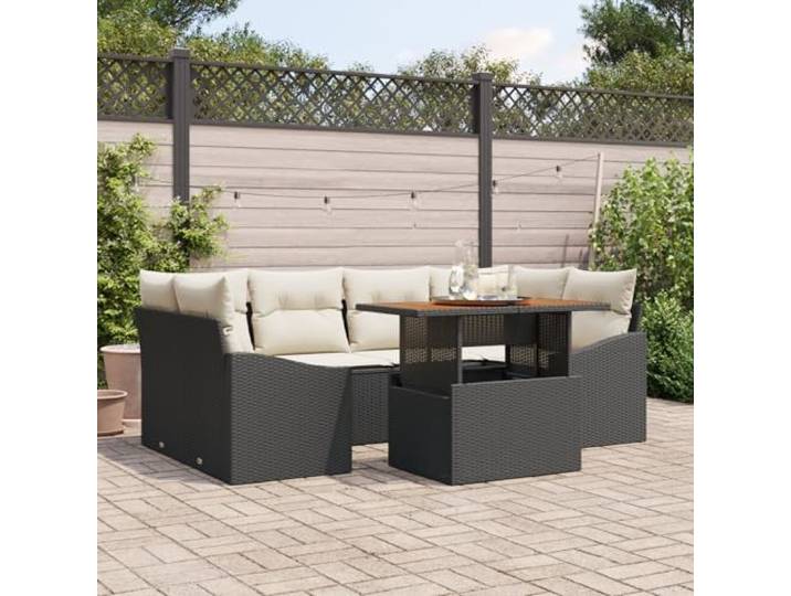 HEFZGDB 7-teiliges Garten-Esszimmer Set aus Poly-Rattan mit Kissen in Schwarz und Akazie für Terrasse Balkon Outdoor