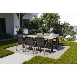 OUTFLEXX Tallinn Garten-Essgruppe mit 6 Stapelsesseln, anthrazit matt/natur, Alu/Holzimitat, Esstisch 150 x 90 cm