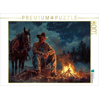 CALVENDO Puzzle Verdienter Feierabend - Cowboy und Pferd am Lagerfeuer | 1000 Teile Lege-Größe 64x48cm Foto-Puzzle für glückliche Stunden