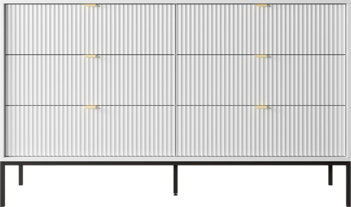 Selsey Vellore Commode met zes laden - Wit met gecanneleerde fronten en zwarte lijst - Breedte: 154 cm