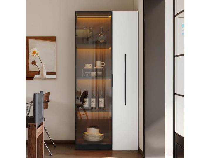 Armoire vitrine multifonction - 70x40x160 cm - Noir Blanc - Verre trempé - Éclairage LED - Tiroir latéral - Roulettes