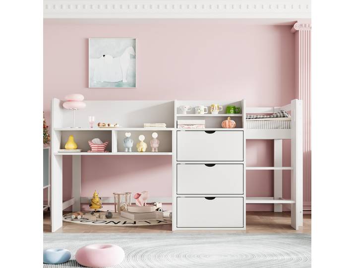 Lit Chambre Enfant Rangement Maison 90x200 Bois Blanc Havrya