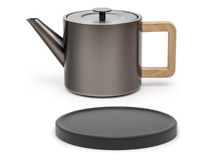 Bredemeijer Edelstahl Teekanne 1.1 Liter - kleine Edelstahlkanne metallic-grau doppelwandig mit Teefilter & schwarzem Holzuntersetzer
