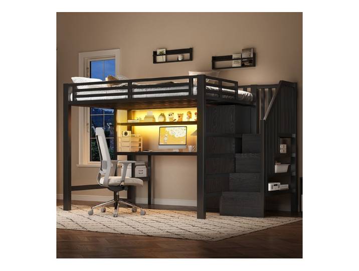 OKWISH Hochbett Stauraumbett Kinderbett Einzelbett (mit LED-Licht, Schreibtisch, Regal & Kleiderschrank – Perfekt für Studenten & Jugendliche – Viel Stauraum und modernes Design, 1-St., 140x200)