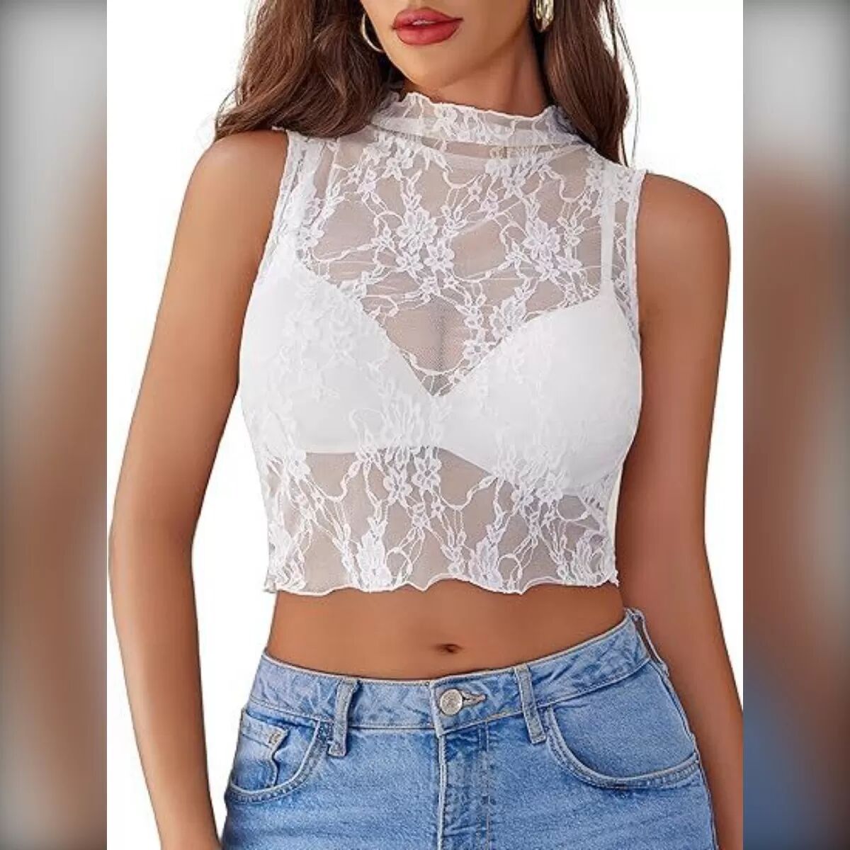 INF Durchsichtiges ärmelloses Mesh-Top mit Spitze - Sexy Slim Fit Bluse S