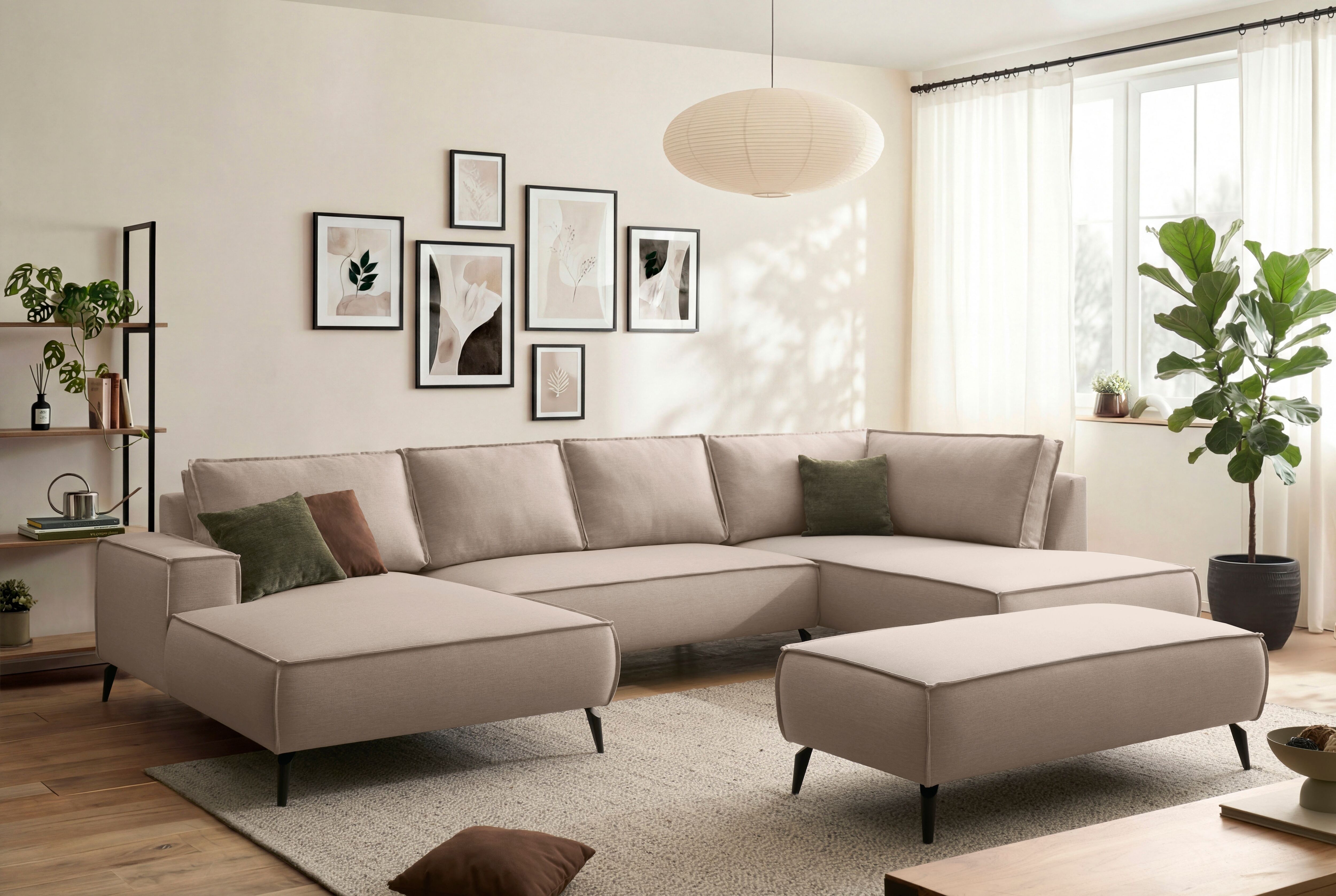 Wohnlandschaft GOODPRODUCT "TVINNU Leinenoptik, 354, mit Hocker", beige (hellbraun), B:360cm H:83cm T:193cm, Sofas, Wohnlandschaft, Recamiere rechts/links, stellbar zum Schlafsofa (Krokodilverbinder) hellbraun B/H/T: 360cm x 83cm x 193cm, Flachgewebe LEIN