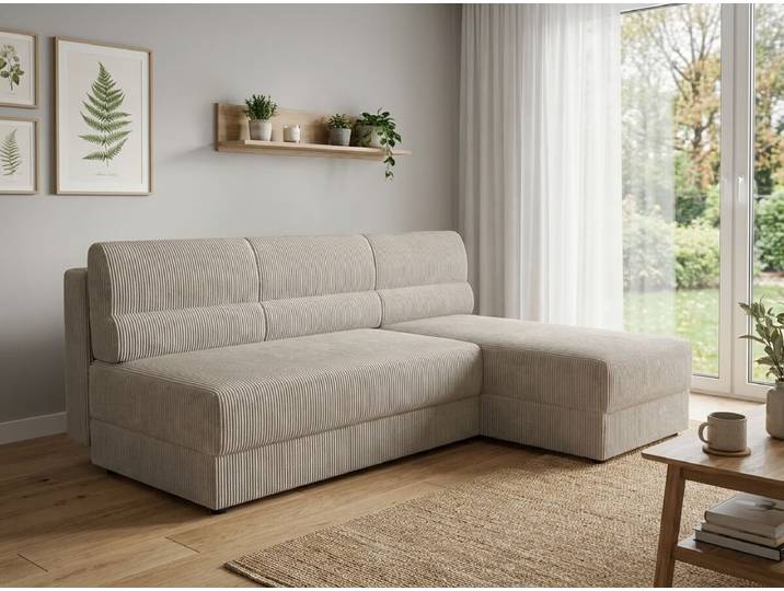 Aktion: Ausziehbare beidseitige Ecksofa in L-Form TAVERO SLIM 201x140 cm, hellbeige II. Wahl