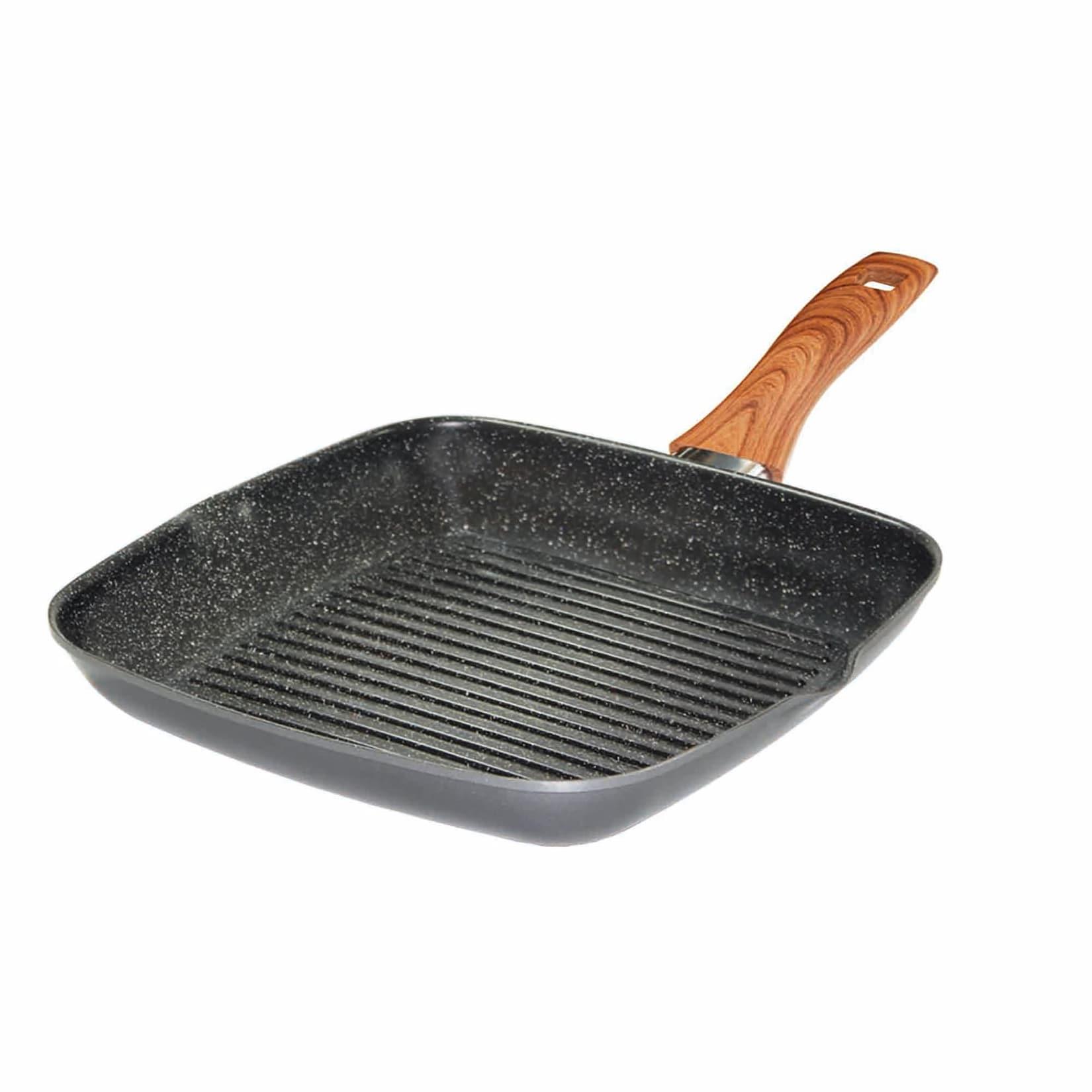 Stoneline Back to Nature Grillpfanne, 28 x 28 cm, mit 2 Ausgüssen, Aluguss, Grillpfanne beschichtet mit echten Steinpartikeln, grau, Grillpfanne Induktion, Holzoptik