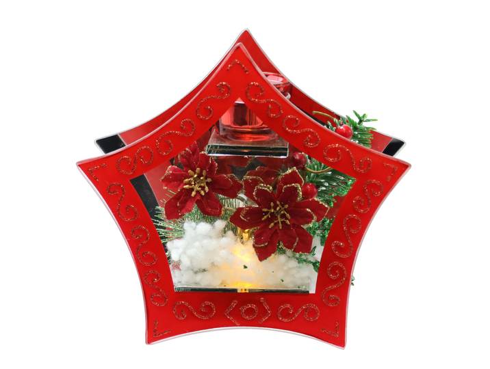 Teelichthalter I.GE.A. Deko-Objekt mit LED Licht und Teelichtkerze , rot, B:21cm H:20cm, Glas, Kerzenhalter, Teelichthalter, Mit Christstern Beeren Tanne Kunstschnee Weihnachtsdeko Dekoobjekt