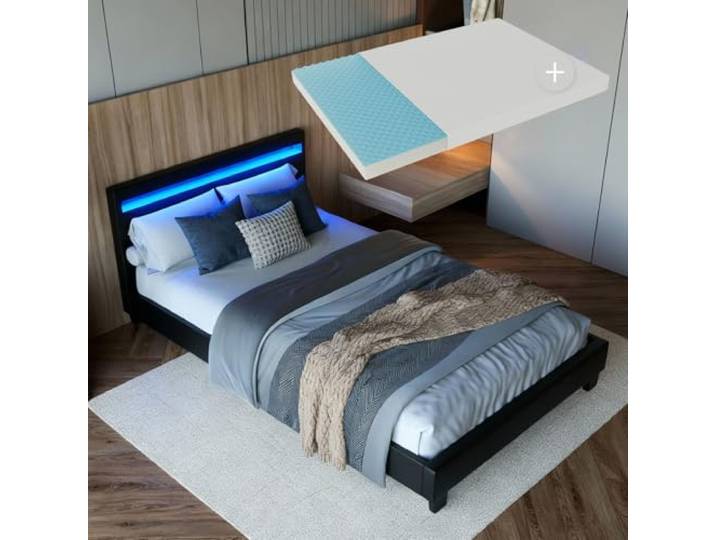Juskys Polsterbett Paris 120x200 cm - Bett komplett mit LED-Beleuchtung, Matratze und Lattenrost - Kunstleder Bezug - schwarz - Jugendbett