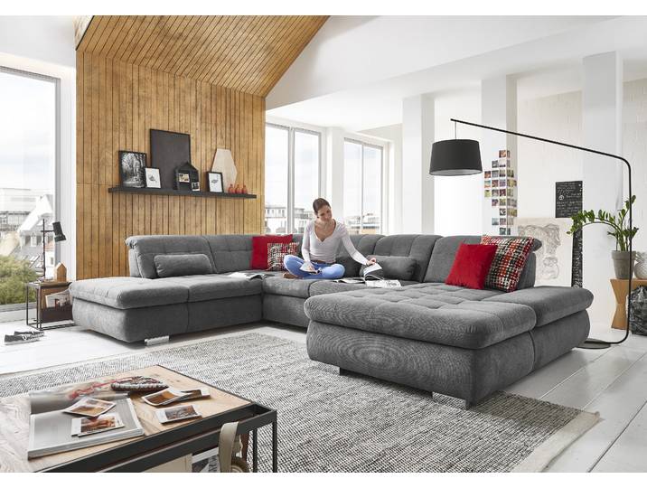 Ecksofa, Luxus-Microfaser, Grau, 382×124 cm, U-Form, Bettfunktion & Sitztiefenverstellung, DIE PLANBAR