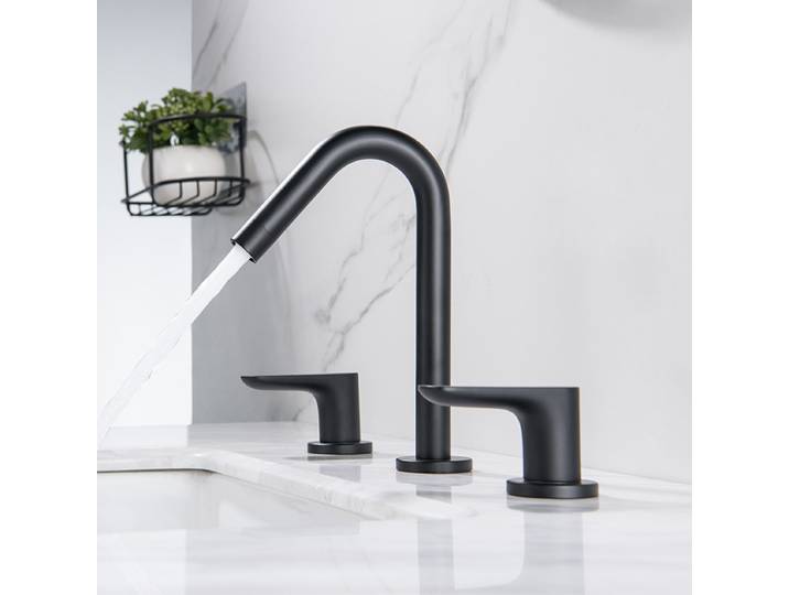 Robinet de lavabo de salle de bains à trois trous à Double poignée, robinet de lavabo mixte chaud et froid en acier inoxydable 304 noir, robinet de lavabo noir