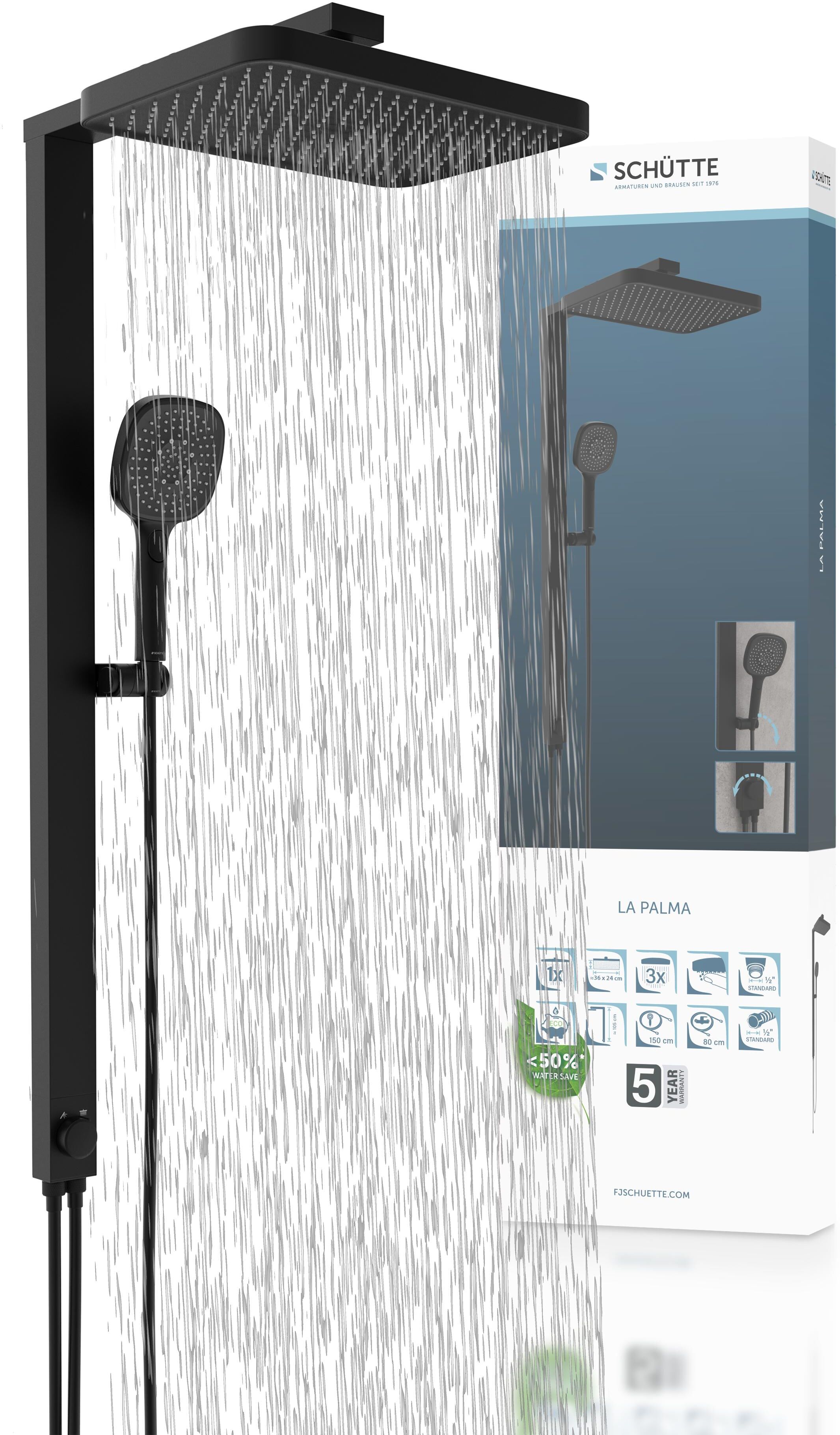 Duschsystem SCHÜTTE "LA PALMA", schwarz (schwarz matt), H:105cm, ABS-Kunststoff, Aluminium, PVC, Brausegarnituren, Duschsystem, Regendusche, mit Antikalk-Beschichtung, wassersparend schwarz matt Einheitsgröße