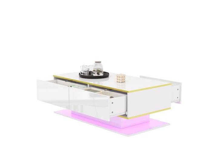 Merax Hochglanz Couchtisch 100x50x40 cm, mit LED, Goldverzierung, Wohnzimmertisch mit 3 Schubladen & offenem Fach, moderner Kaffeetisch für Wohnzimmer, Weiß