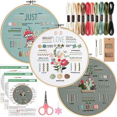 Stickset für Anfänger und Erwachsene, 3 Sets, leicht zu erlernende DIY-Sets mit 33 verschiedenen Stichen, Nadelspitze-Sets für Handarbeiten von Erwachsenen, inklusive gestempeltem Blumenmuster,