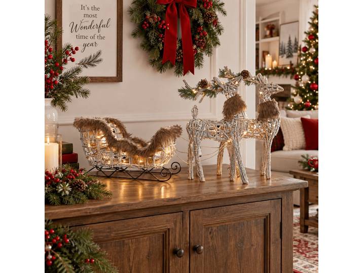 Ensemble de 3 décorations de noël lumineux en osier blanc 58x30x30 cm