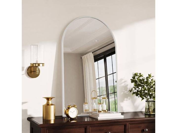Miroir Mural en Verre Courbé 91x61 cm Cadre en Alliage d'Aluminium Résistant aux Cassures Miroir de Salle de Bain Blanc