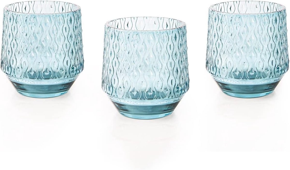 Set van 3 blauwe decoratieve theelichtglazen met verhoogd patroon, Hoogte: 9 cm