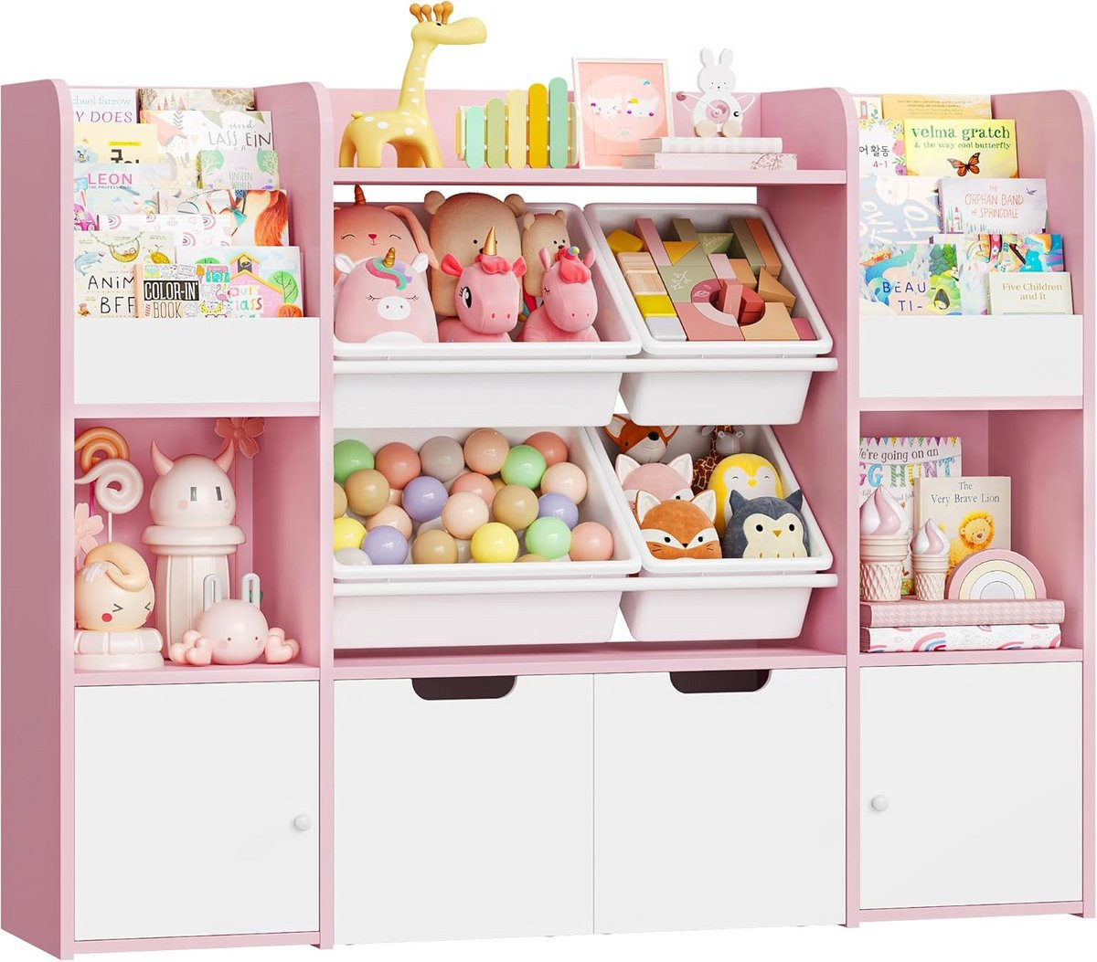 Houten Kinderboekenkast met Opbergdozen voor de Kinderslaapkamer