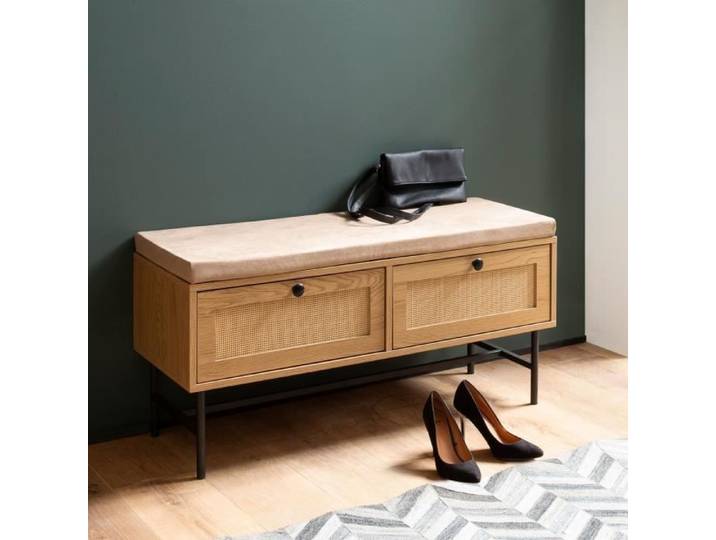 WOHNLING Banc à Chaussures 100 cm Rembourré Décor Chêne avec Tiroirs Rotin
