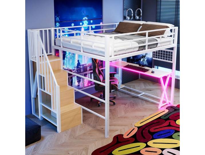 Luscriate - Lit Mezzanine en Métal 160x200 avec LED Bureau Armoire Étagères Échelle Rangement Design Moderne - Blanc