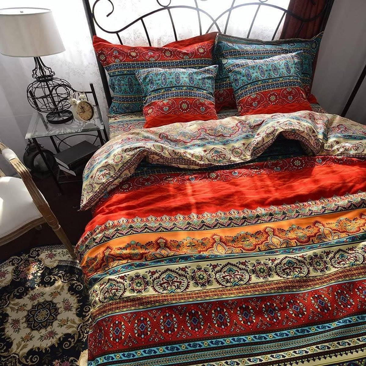 Kleurrijke flanellen beddengoed set met boheemse stijl, dekbedovertrek en katoen, 220 x 240 cm