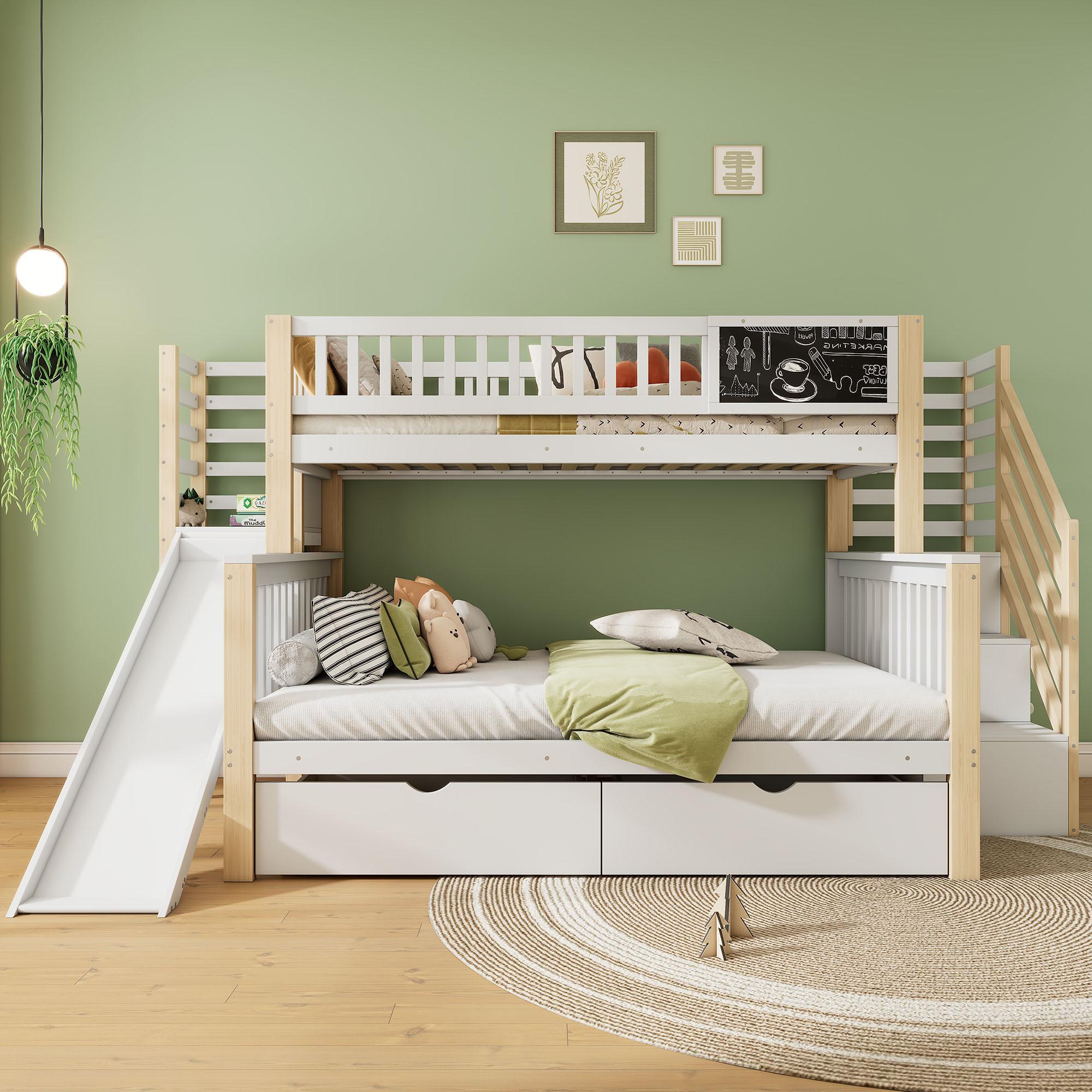 MODFU Etagenbett Kinderbett 90x200cm&140x200cm mit Graffiti-Brett und Aufbewahrungsschränken, Hochbett mit Rausfallschutz, Massivholzbett Stockbett mit Schubladen und Rutsche, Jugendbett Bettgestell, Weiß