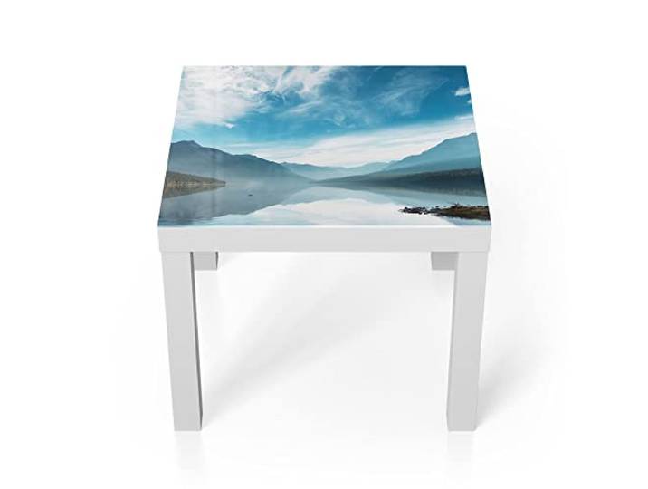 DEQORI Glastisch weiß klein 55x55 cm Motiv Blick über Bowman Lake ausgefallener Beistelltisch aus Glas Hochglanz Couchtisch fürs Wohnzimmer moderner Couch Tisch mit Design