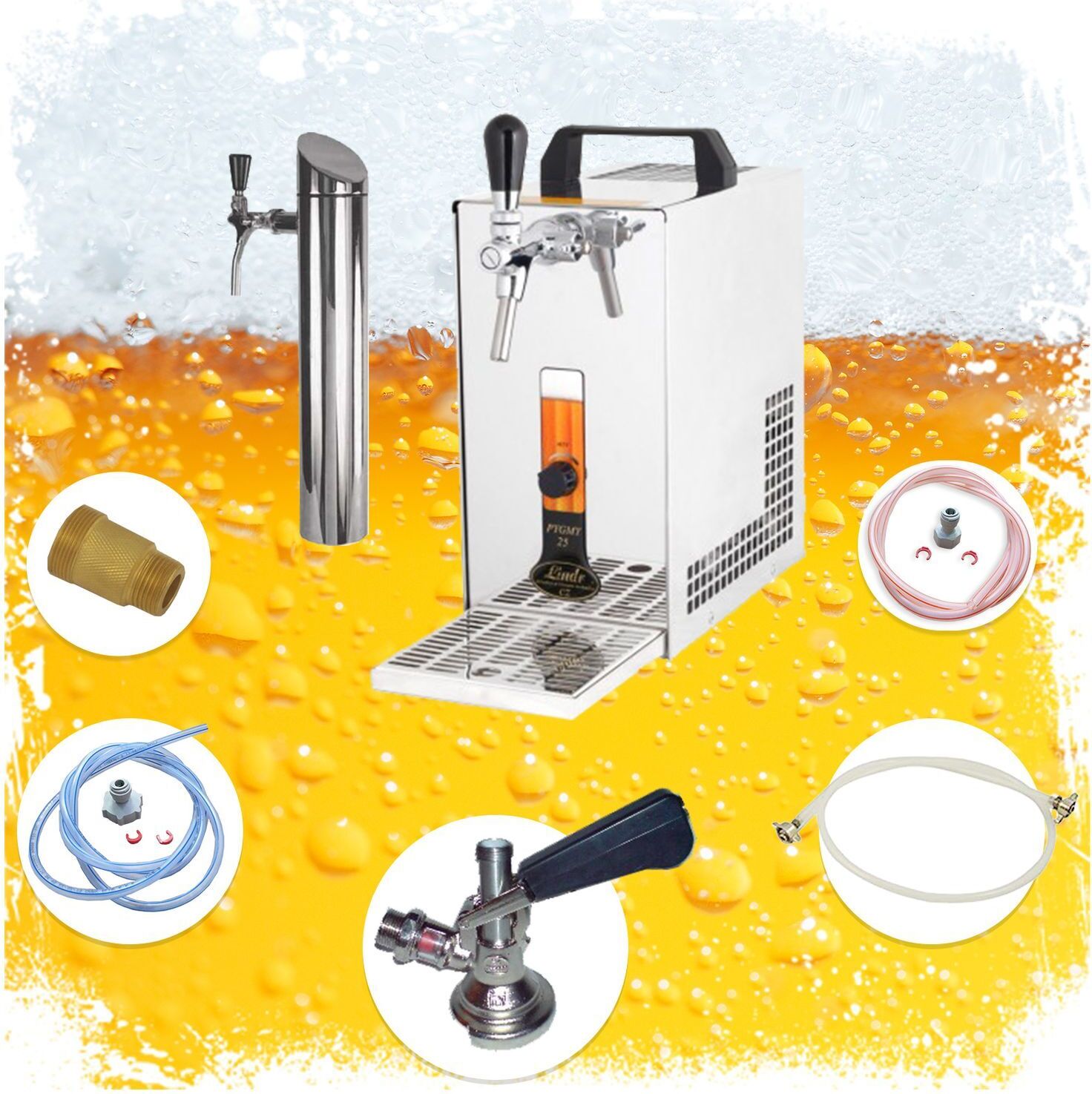 Untertheken Komplett Set - Bier Zapfanlage, Bierzapfanlage PYGMY 20/K mit Membranpumpe, 1-leitig Trockenkühlgerät aus Edelstahl, 25 Liter/h, inkl. Schanksäule, Green Line, Kombi