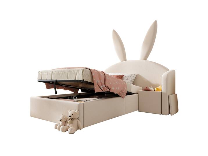 Stilvora Jugendbett 90/200 cm in Beige mit Bettkasten und Nachttisch Samt Hasenohr-Design, 90x190 cm, Babymöbel & Kindermöbel, Kinderzimmer & Jugendzimmer, Kinderbetten