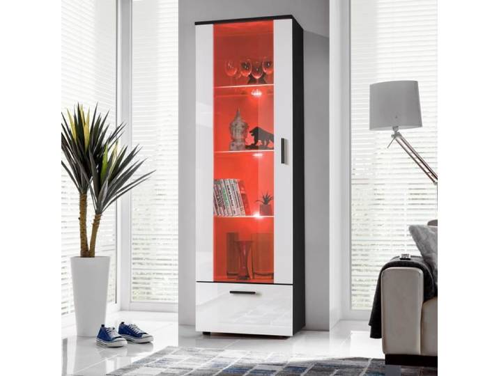 Vitrine Armoire Alessandria Komodee - LED RGB - Blanc Brillant & Noir - Façades en Brillant - L60cm x H192cm x P42 cm