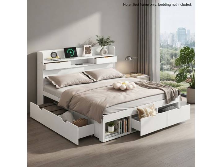 CollaHausse Lit Coffre Multifonctionnel 140x190 cm Blanc avec USB Tiroirs et Penderie