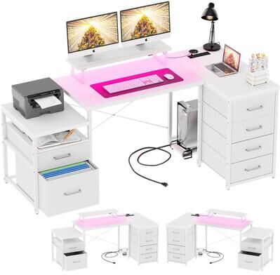 loviyhome Modern Farmhouse 71'' L Shaped Desk with File Drawers, Reversible Computer Desk with Power Outlets and Smart LED Lights