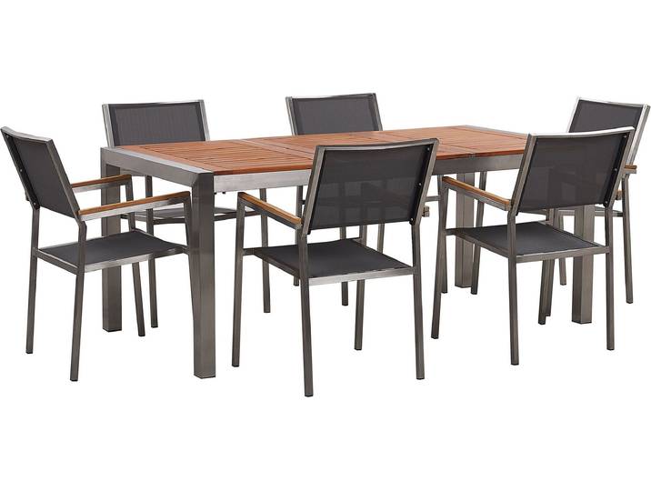 BELIANI Gartenmöbel Set Eukalyptusholz Edelstahl Tisch 180 cm 6 Stühle Grau Terrasse Outdoor Modern Garten Terrasse