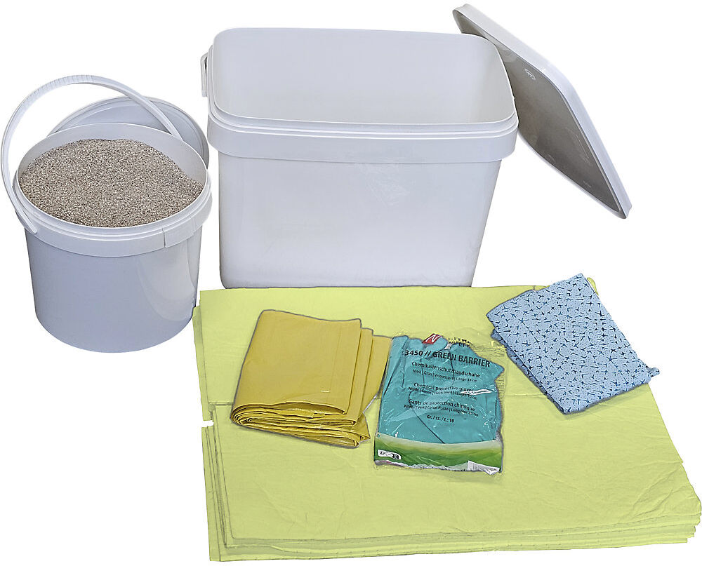 Leckage-Notfallbox, mit Vliesen und Granulat, Ausführung Chemikalien, Vliese gelb eurokraft basic