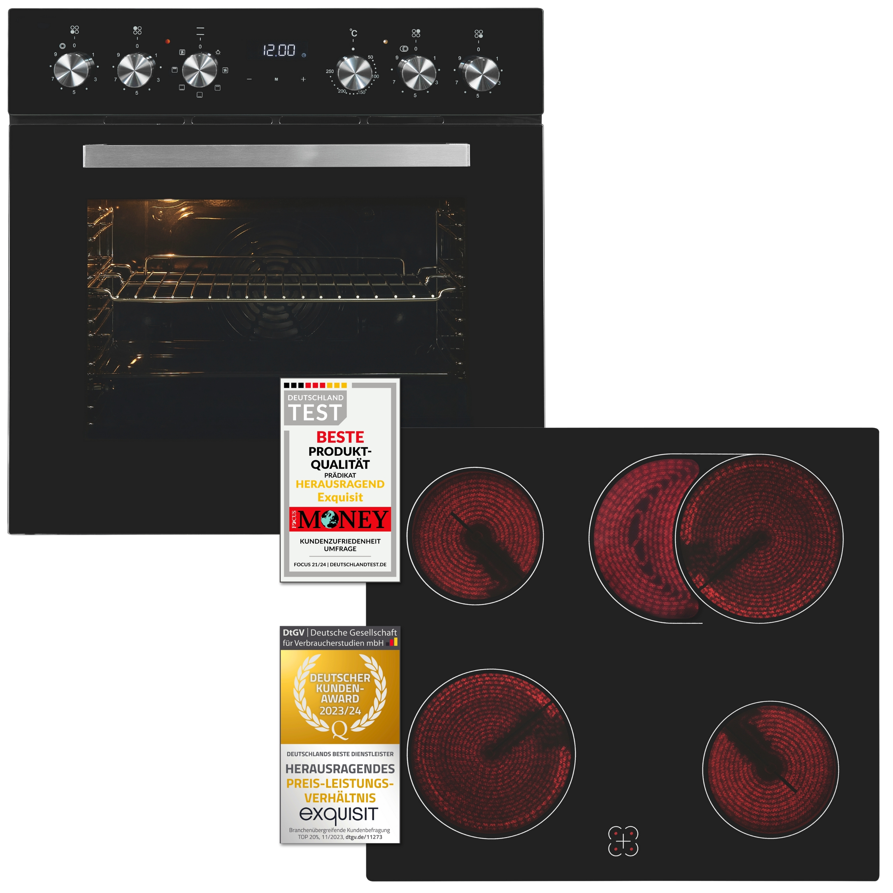 Exquisit Einbauherdset EHE157-UBZ-020-Set schwarz | 59 l Garraumvolumen | 7 Backprogramme | Kochfeld mit Rahmen | Grill | Umluft | Energieklasse A
