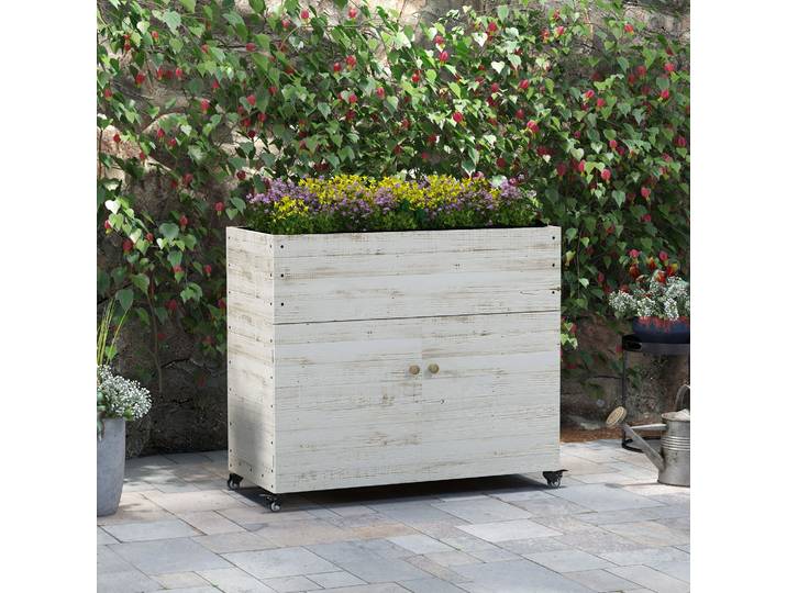 Outsunny Potager surélevé avec roues, compartiment de rangement, doublure intérieure, design utilisé, 110x50x95 cm, Blanc
