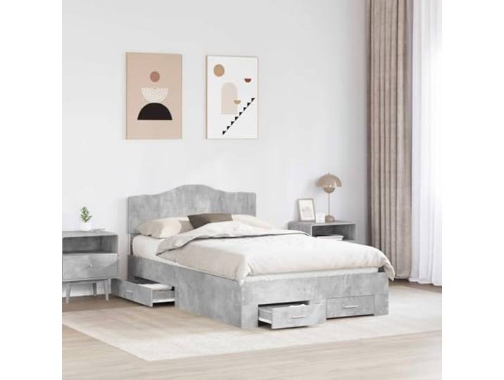 KTHLBRH Bettgestell grau Zement 120 x 200 cm Technisches Holz, mit Kopfteil, Schubladen, Lattenrost, einfach zu montieren