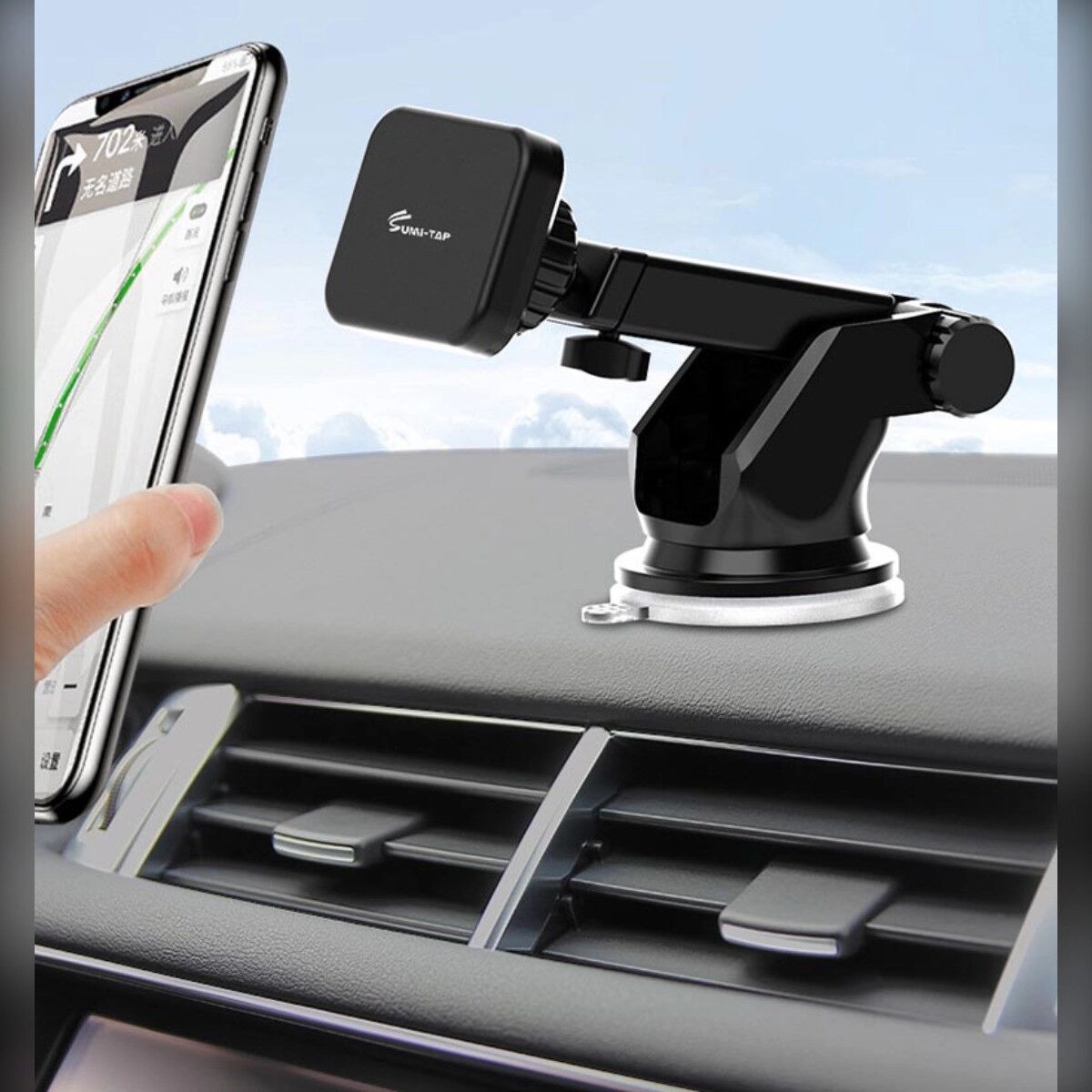 INF Support de voiture magnétique carré avec ventouse - Bras télescopique, multi-articulations, compatibilité universelle Le noir