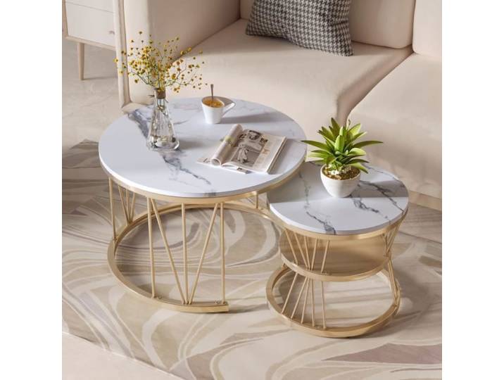Table basse gigogne en marbre - PERGAR - Ensemble de 2 - Or - 70x70x45 - 45x45x40