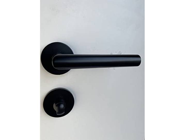 GR Türgriff dünne Runderosette Schwarz Matt Wechselgarnitur BB/PZ/WC L-Form Metall Türbeschlag Türklinken für Innentüren (Rosette WC, mattschwarzer Satin)