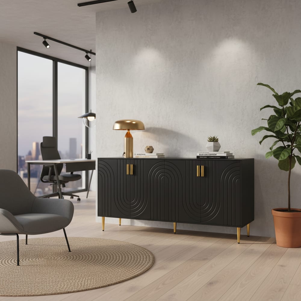 Urban Meuble Buffet Bas Design Moderne Noir Mat avec Motifs Géométriques Noir 152x75x40cm