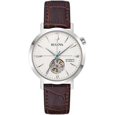 Automatikuhr BULOVA, braun (braun, weiß), Armbanduhren, Herren, silberfarben, Automatikuhr, Armbanduhr, Herrenuhr, Mechanische Uhr, Lederarmband, analog