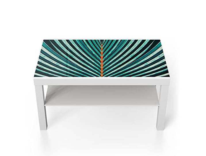 DEQORI Glastisch weiß groß 90x50 cm Motiv Palmenblatt-Streifen ausgefallener Beistelltisch aus Glas Hochglanz Couchtisch fürs Wohnzimmer moderner Couch Tisch mit Design