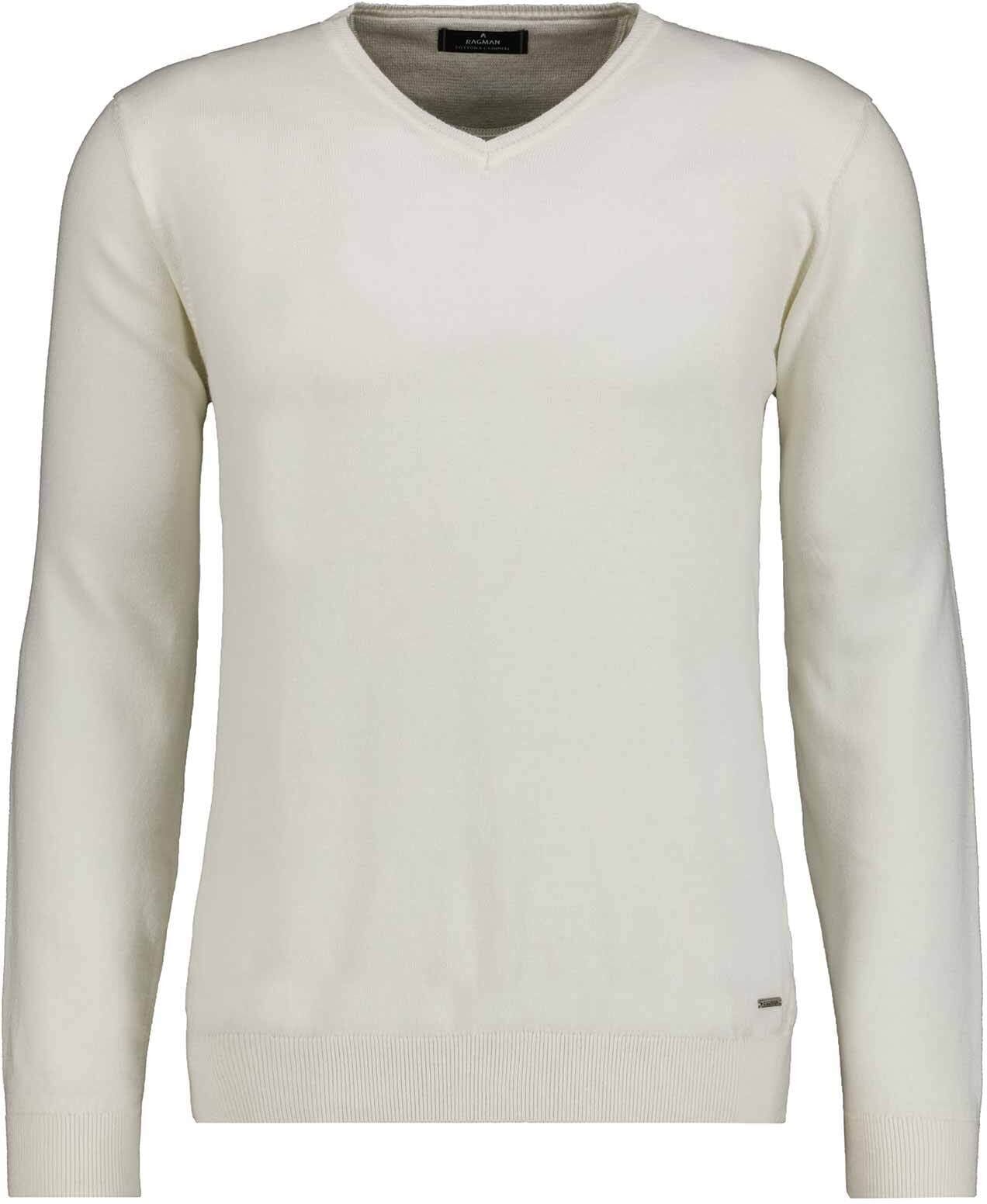 V-Ausschnitt-Pullover RAGMAN, Herren, Gr. 56, weiss (ecru), Strick, 95% Baumwolle, 5% Kaschmir, V-Ausschnitt, Pullover V-Ausschnitt-Pullover ecru 56