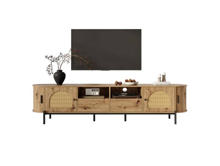 Evryae Lowboard mit Rattan-Design, Schiebetüren und Kabelmanagement Holzoptik Natur, Naturfarben, 2 Schubladen, Rechteckig,Oval, Rundrohr, 200x49.5x40 cm, Wohnzimmer, TV Möbel, Lowboards, Lowboards stehend