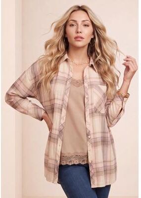 Plus Size Women's Plaid Flannel Tunic by Roaman's in Taupe Ivory Plaid (Size 12 W) Plaid Shirt